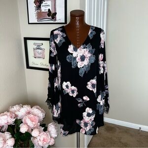 ASTR Floral Long Sleeve Dress in Black with Pink and Gray